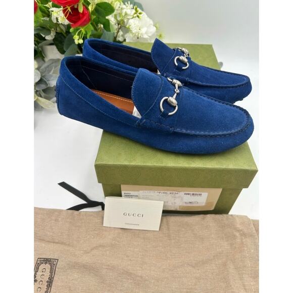 Men\'s Gucci horse bit blue suede loafers size 7 fits 7.5 US made in Italy